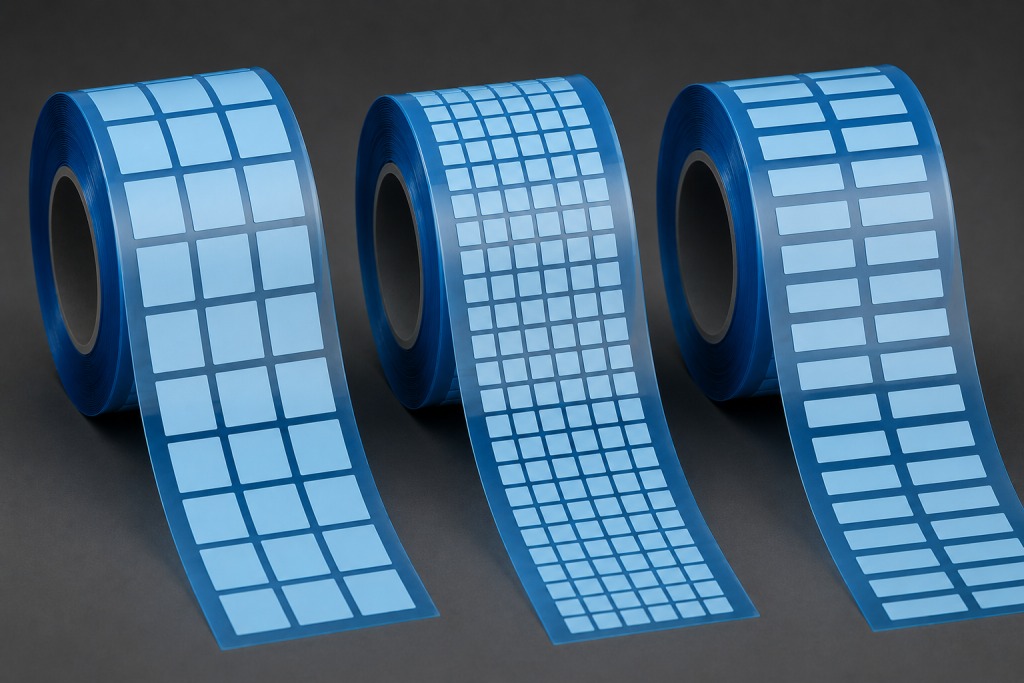 RGH Converting | Thermal Tape Selection Guide: How to Choose the Right Thermally Conductive Tape Kiss-cut 3M thermal tape pads on continuous rolls in square, small square and rectangular formats, converted by RGH