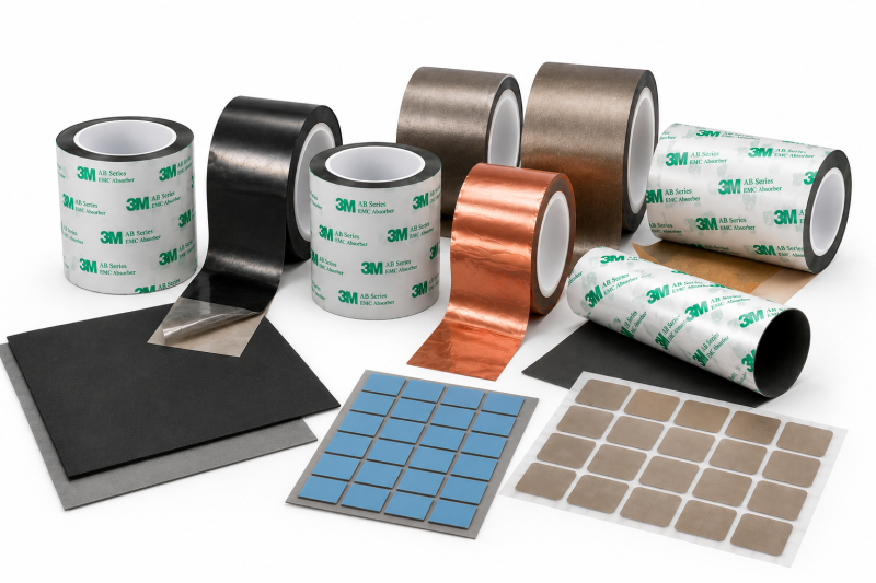 Range of 3M AB Series EMC absorber tapes, copper foil shielding tape and die-cut thermal interface pads for EMI/RFI shielding applications