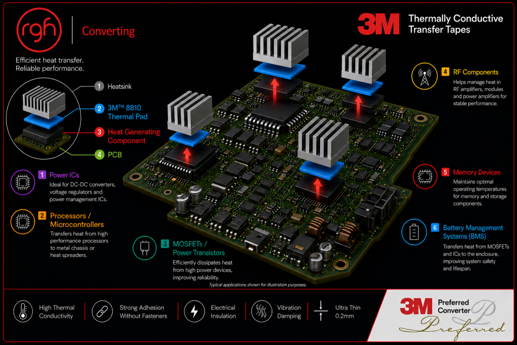 RGH Converting | Thermal Tape Selection Guide: How to Choose the Right Thermally Conductive Tape Where 3M thermally conductive tape pads are used on a PCB: power ICs, processors, MOSFETs, RF components, memory and battery management systems